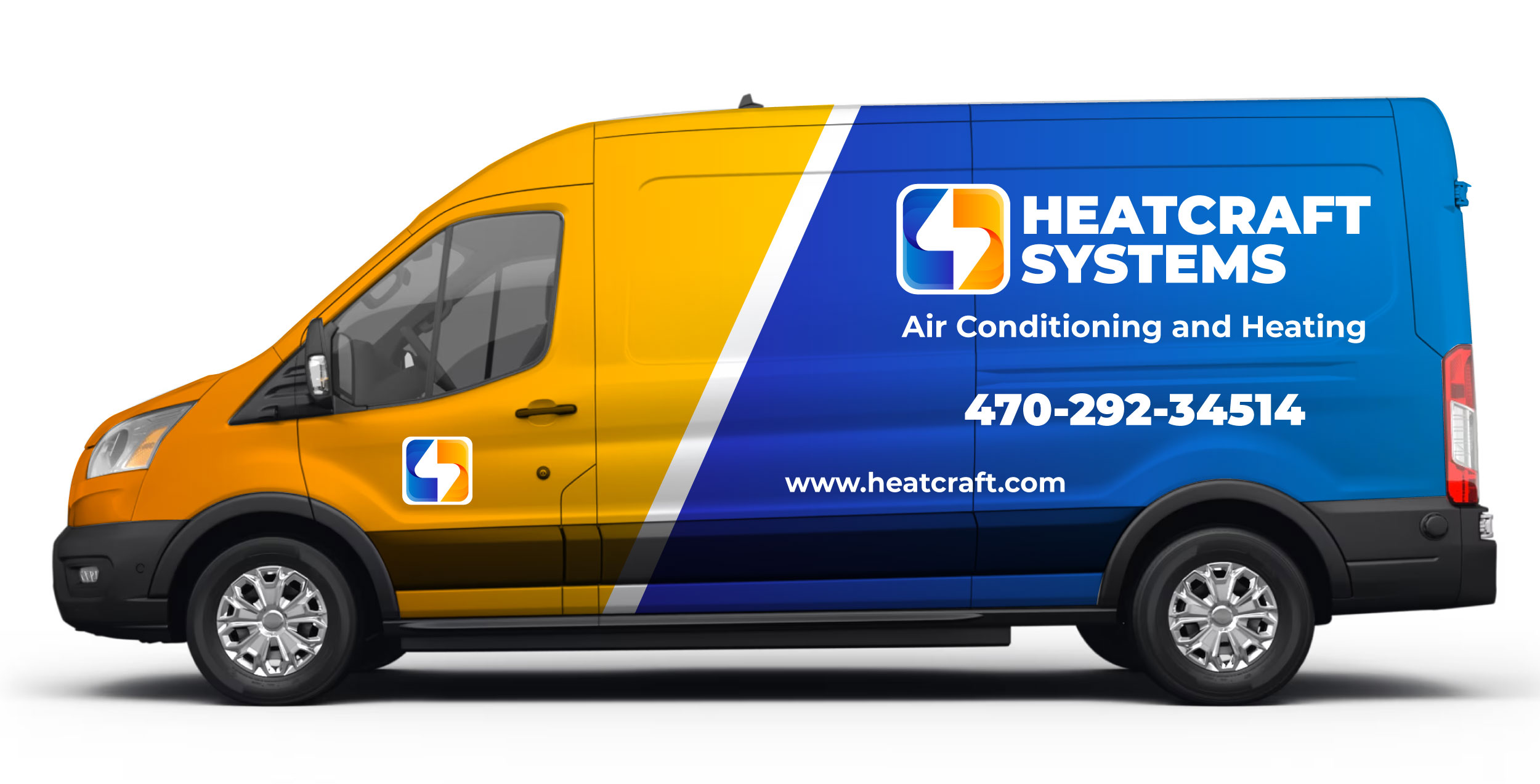 Full vehicle wrap featuring a vibrant and eye-catching design for. The background is a deep blue and yellow with the company logo prominently displayed on the sides and back. Imagery includes HVAC equipment to showcase the range of services provided. Contact information, including phone number and website, is prominently displayed for easy customer reach.